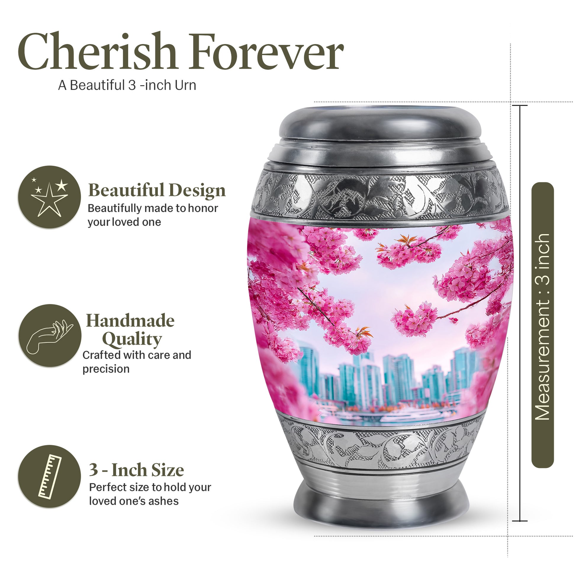 Petal Pink Cherry Blossom Cremation Urn lifestyle display on memorial shelf - majestic cherry blossom pattern with filigree border - mini keepsake memorial for portion of cremation ashes