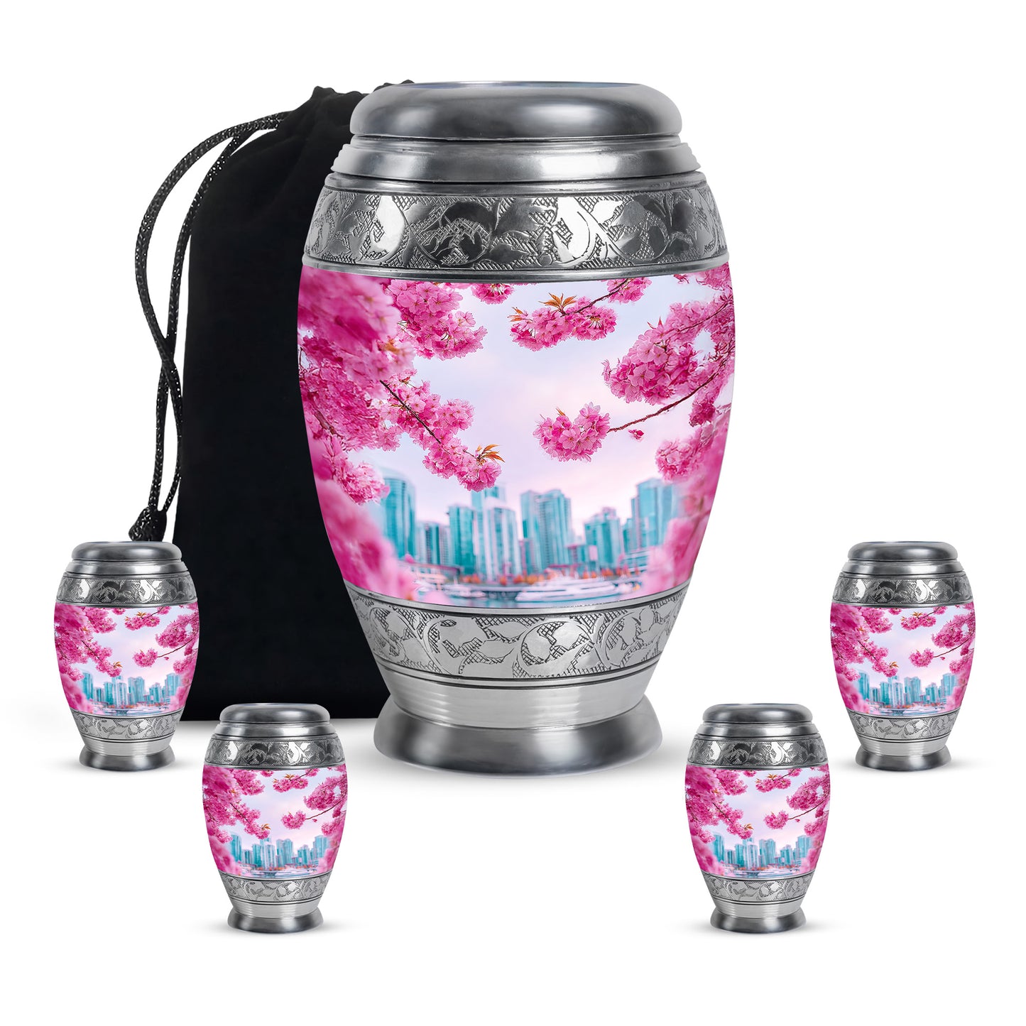 Salmon Pink Cherry Blossom Cremation Urn detail view - royal cherry blossom engraving with decorative scrollwork - memorial set with one large and four small urns