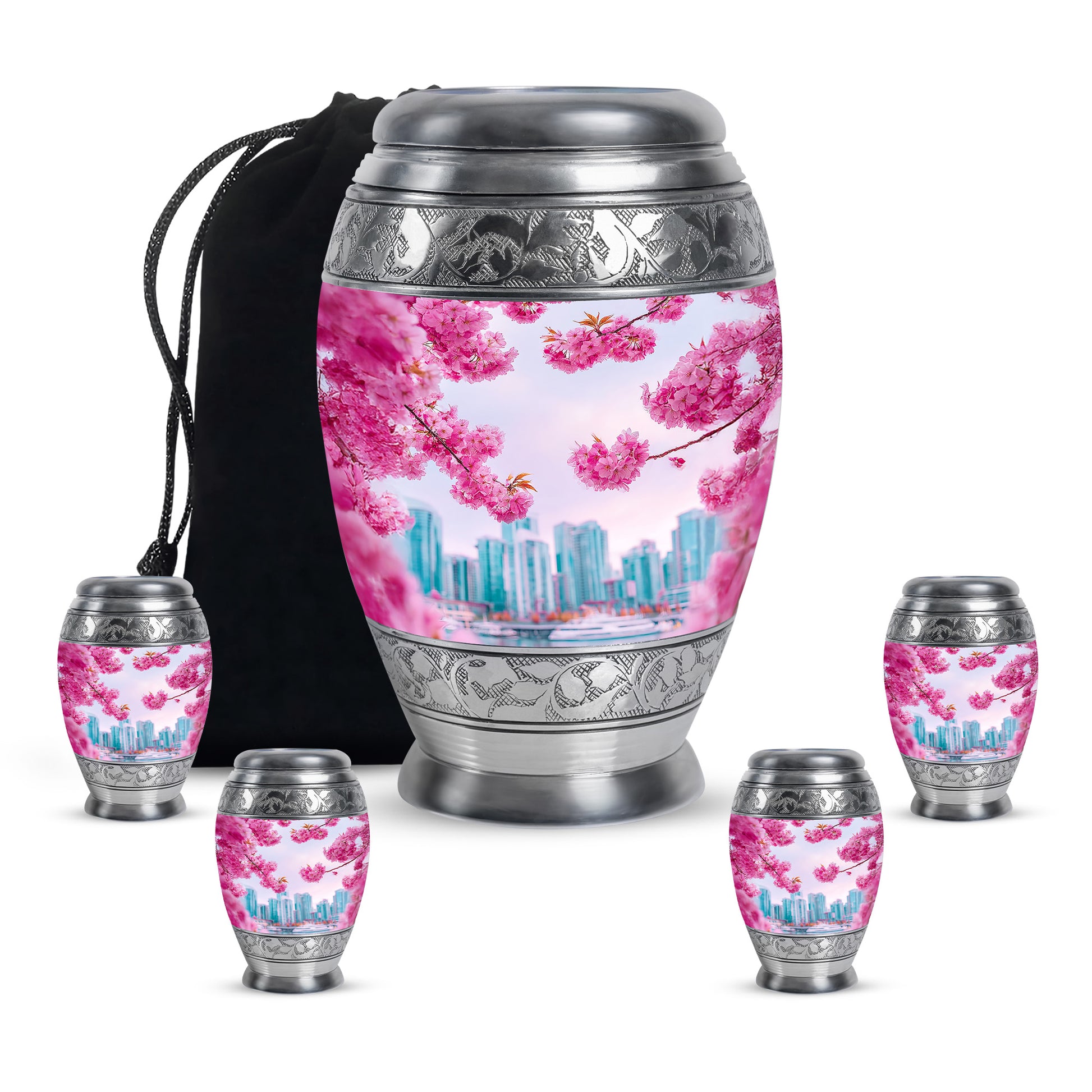 Salmon Pink Cherry Blossom Cremation Urn detail view - royal cherry blossom engraving with decorative scrollwork - memorial set with one large and four small urns