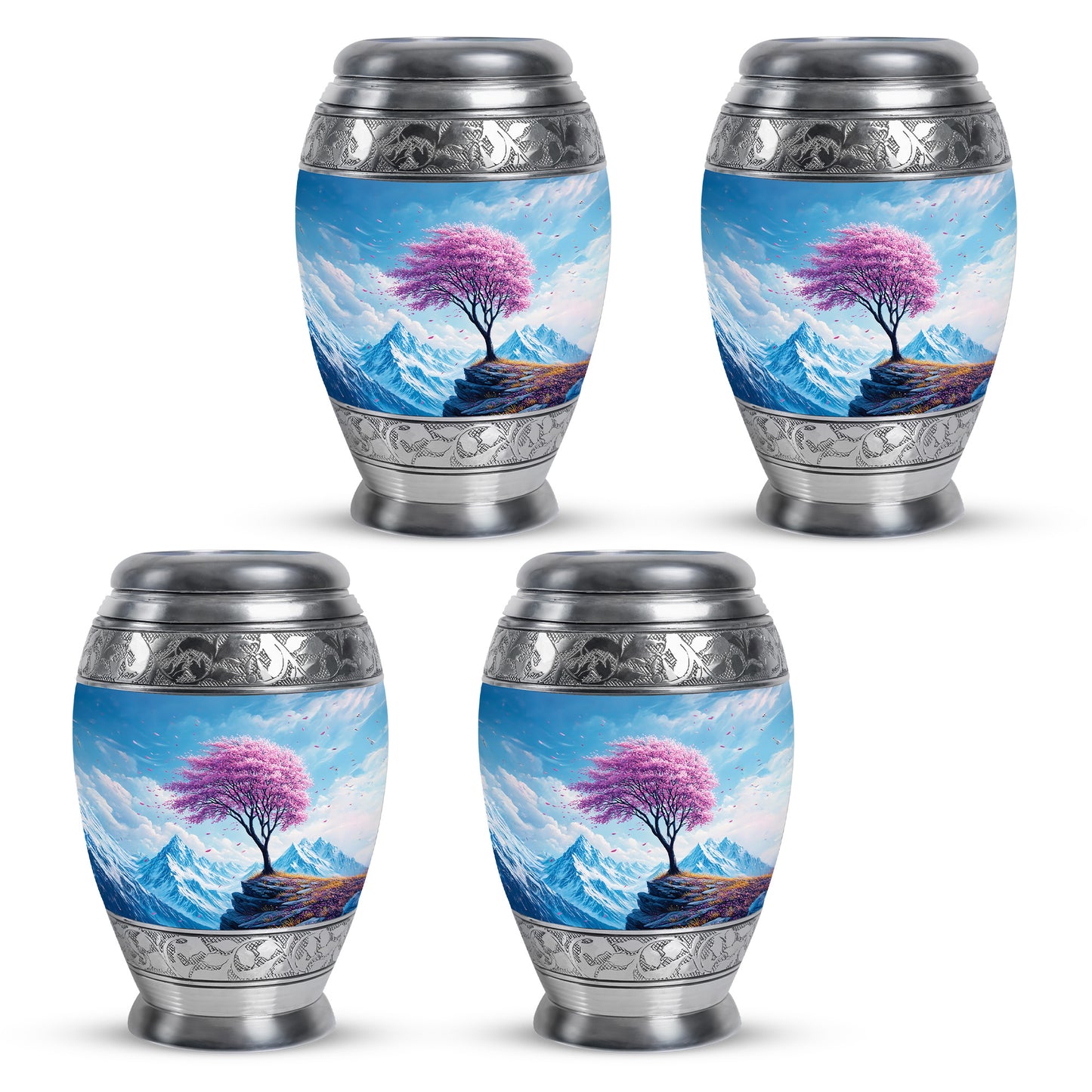 Celestial Blue Cherry Blossom Cremation Urn urn with complimentary velvet bag - regal cherry blossom design with crown-inspired accents - 10 inch aluminum urn for cremated remains