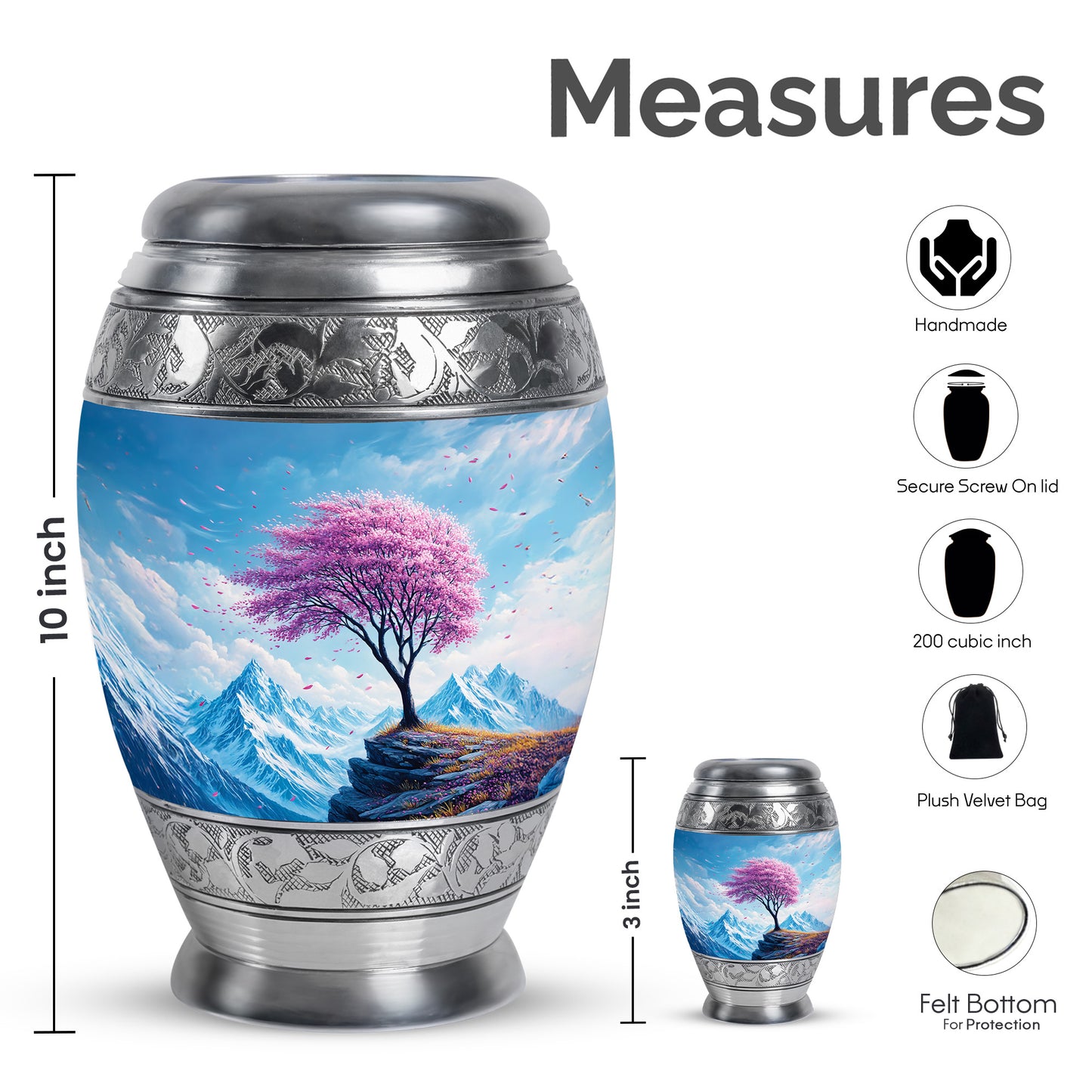 Sapphire Blue Cherry Blossom Cremation Urn lifestyle display on memorial shelf - royal cherry blossom engraving with decorative scrollwork - mini keepsake memorial for portion of cremation ashes