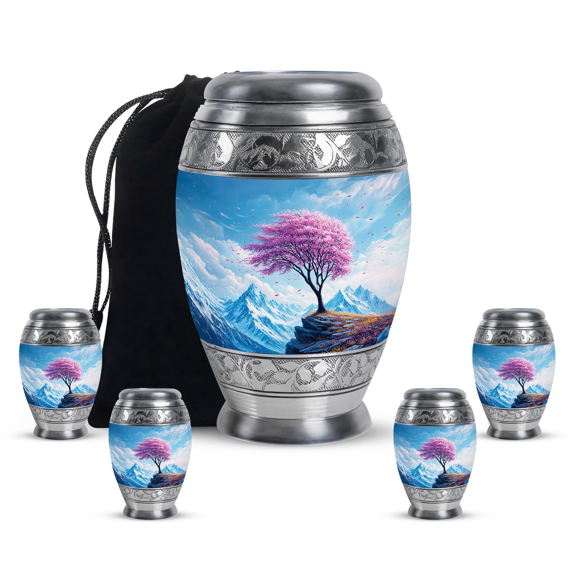 Navy Blue Cherry Blossom Cremation Urn detail view - regal cherry blossom design with crown-inspired accents - memorial set with one large and four small urns