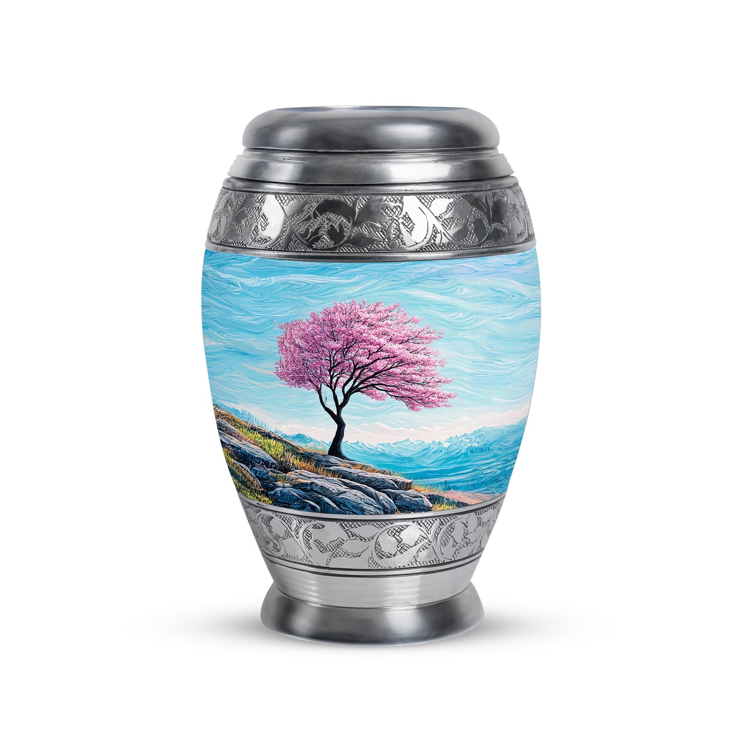 Inspiring Teal Cherry Blossom Embrace Urn for Human Ashes - 10-inch, 200 cu in - Yatskia