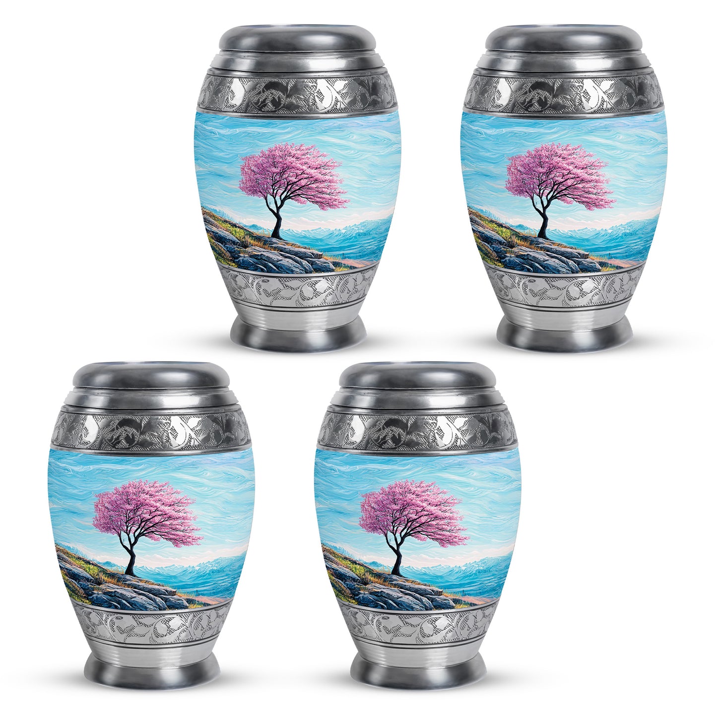 Jewel Teal Cherry Blossom Cremation Urn urn with complimentary velvet bag - regal cherry blossom design with crown-inspired accents - 10 inch aluminum urn for cremated remains