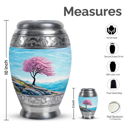 Jewel Teal Cherry Blossom Cremation Urn lifestyle display on memorial shelf - regal cherry blossom design with crown-inspired accents - mini keepsake memorial for portion of cremation ashes