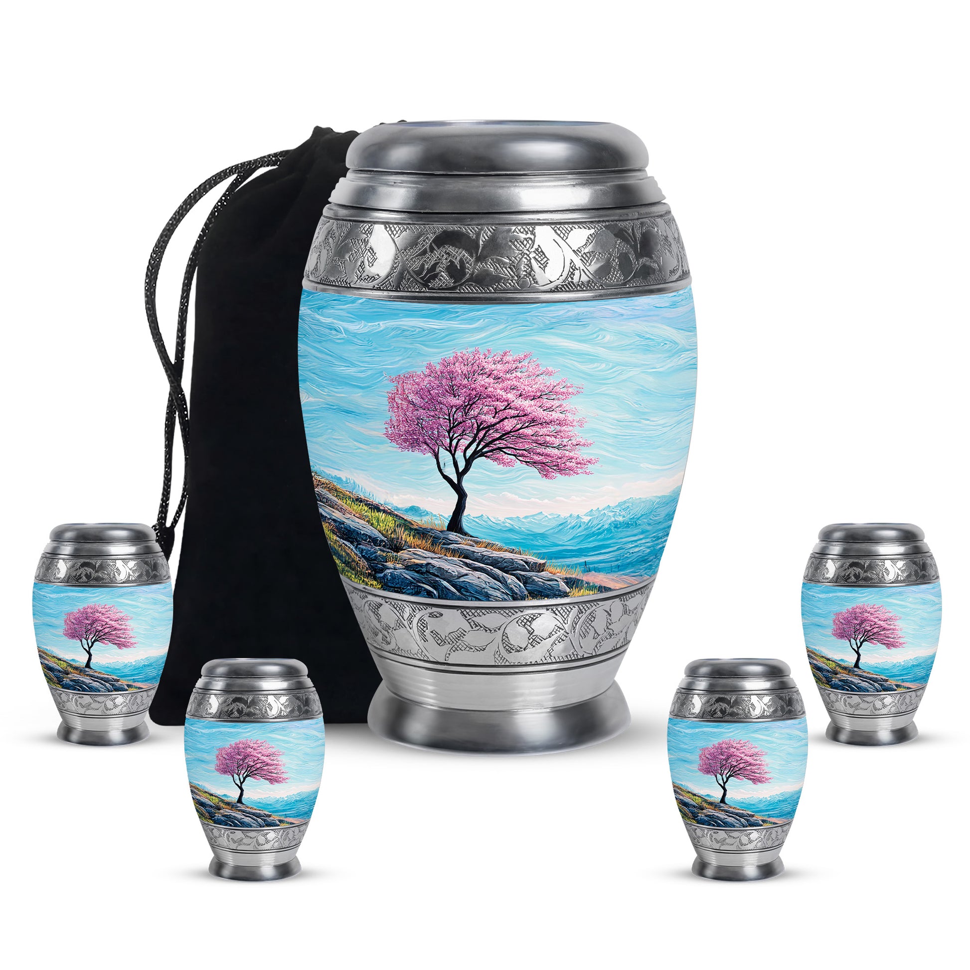 Mystic Teal Cherry Blossom Cremation Urn detail view - majestic cherry blossom pattern with filigree border - memorial set with one large and four small urns