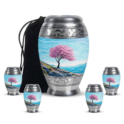 Mystic Teal Cherry Blossom Cremation Urn detail view - majestic cherry blossom pattern with filigree border - memorial set with one large and four small urns