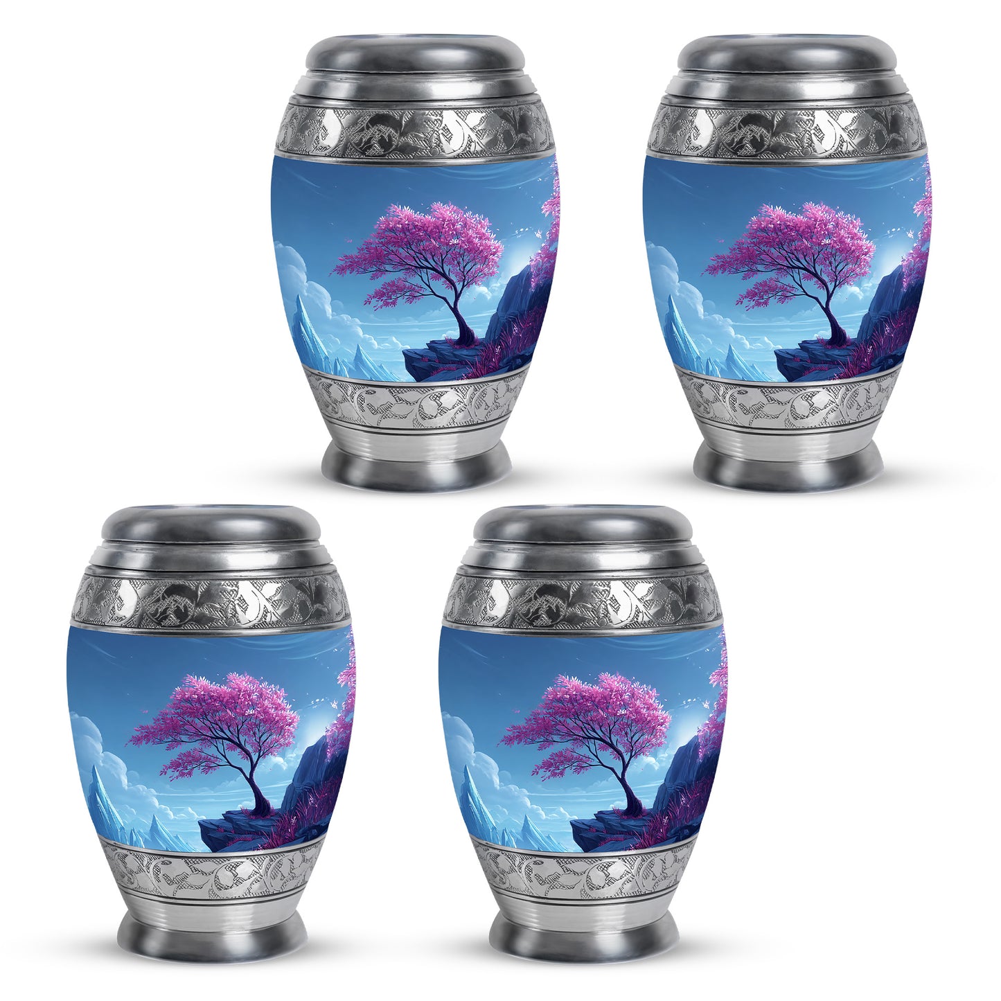 Cornflower Blue Cherry Blossom Cremation Urn urn with complimentary velvet bag - majestic cherry blossom pattern with filigree border - 10 inch aluminum urn for cremated remains
