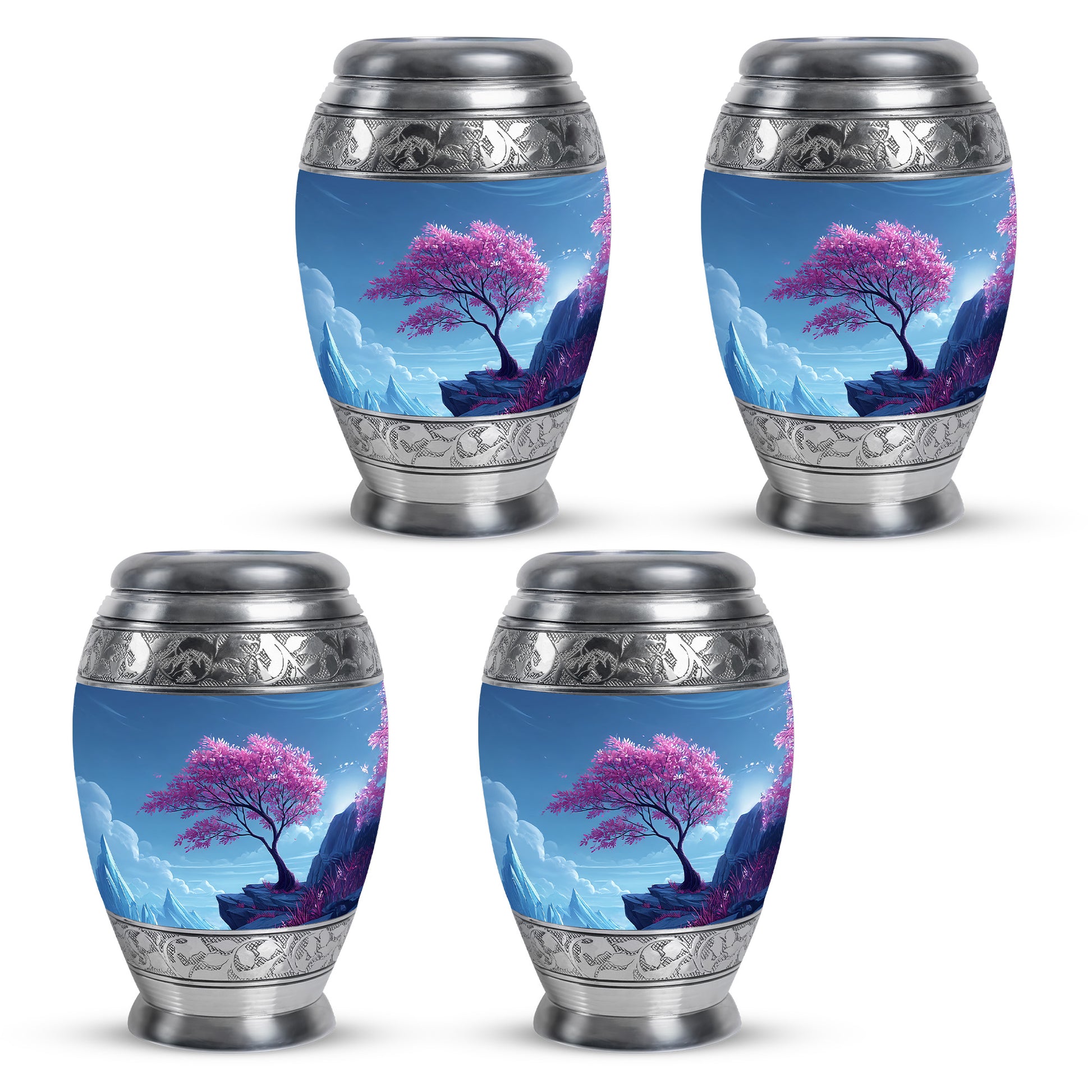 Cornflower Blue Cherry Blossom Cremation Urn urn with complimentary velvet bag - majestic cherry blossom pattern with filigree border - 10 inch aluminum urn for cremated remains
