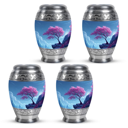 Cornflower Blue Cherry Blossom Cremation Urn urn with complimentary velvet bag - majestic cherry blossom pattern with filigree border - 10 inch aluminum urn for cremated remains