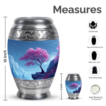 Vivid Blue Cherry Blossom Cremation Urn lifestyle display on memorial shelf - majestic cherry blossom pattern with filigree border - mini keepsake memorial for portion of cremation ashes