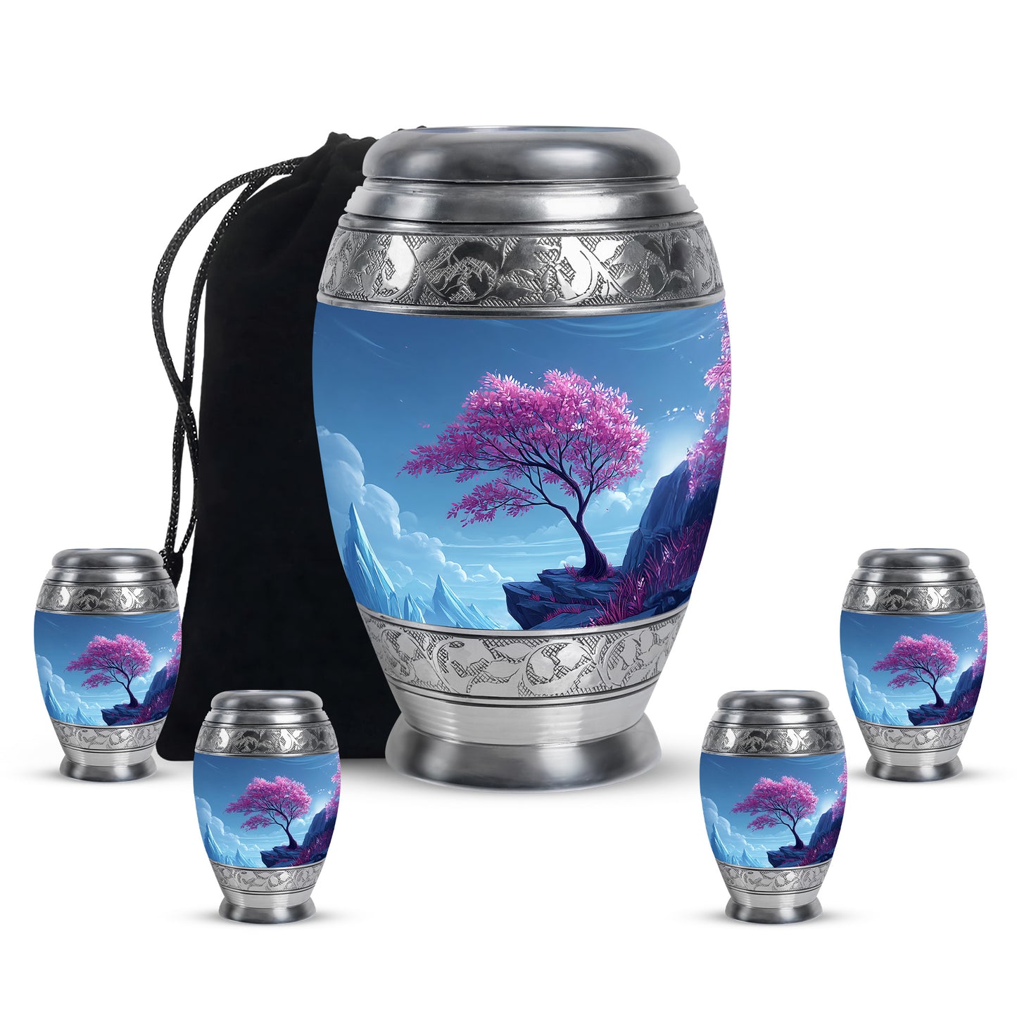 Cobalt Blue Cherry Blossom Cremation Urn detail view - royal cherry blossom engraving with decorative scrollwork - memorial set with one large and four small urns