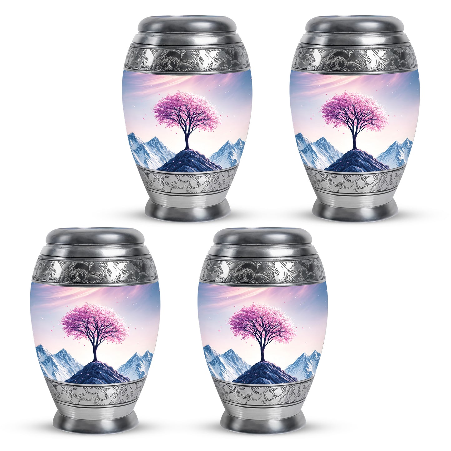 Peony Pink Cherry Blossom Cremation Urn urn with complimentary velvet bag - regal cherry blossom design with crown-inspired accents - 10 inch aluminum urn for cremated remains