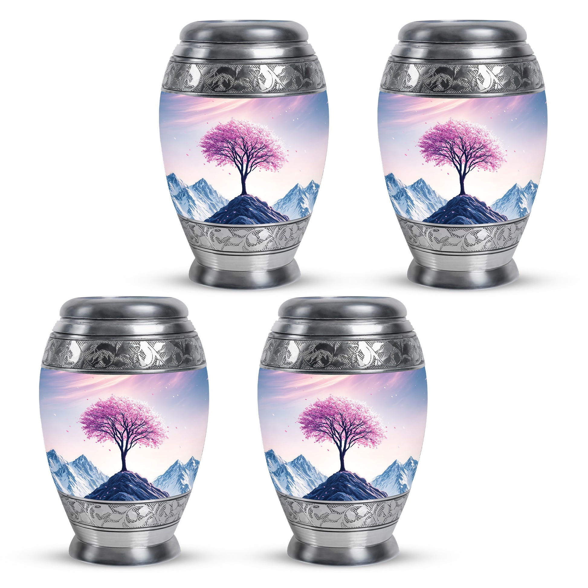 Peony Pink Cherry Blossom Cremation Urn urn with complimentary velvet bag - regal cherry blossom design with crown-inspired accents - 10 inch aluminum urn for cremated remains