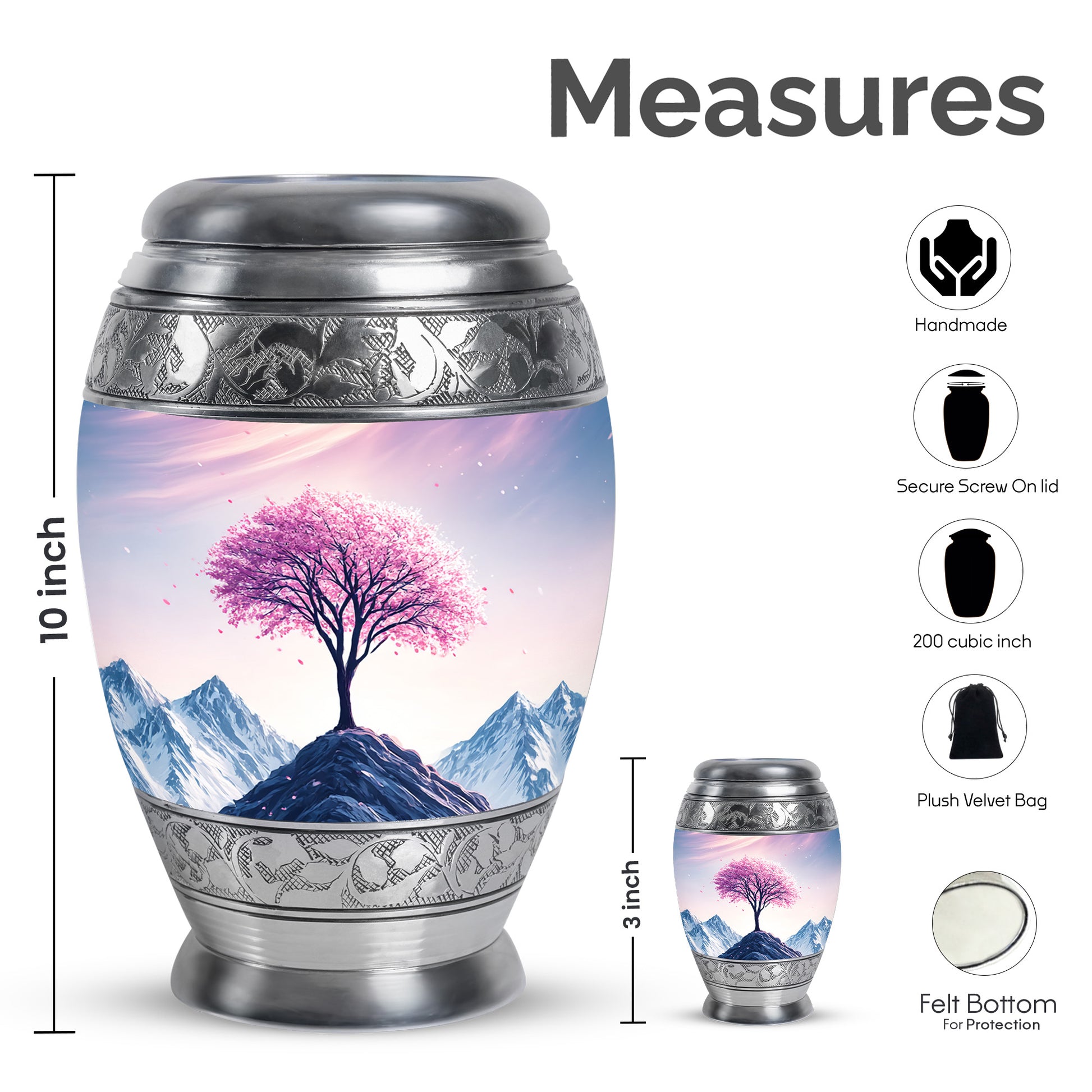 Blush Pink Cherry Blossom Cremation Urn lifestyle display on memorial shelf - ornate monarch-style cherry blossom relief on brushed aluminum - mini keepsake memorial for portion of cremation ashes