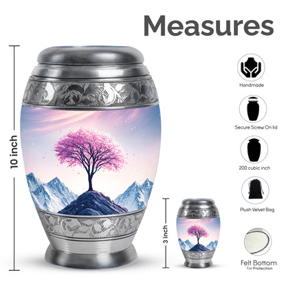 Blush Pink Cherry Blossom Cremation Urn lifestyle display on memorial shelf - ornate monarch-style cherry blossom relief on brushed aluminum - mini keepsake memorial for portion of cremation ashes