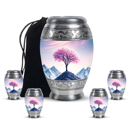 Blush Pink Cherry Blossom Cremation Urn detail view - ornate monarch-style cherry blossom relief on brushed aluminum - memorial set with one large and four small urns