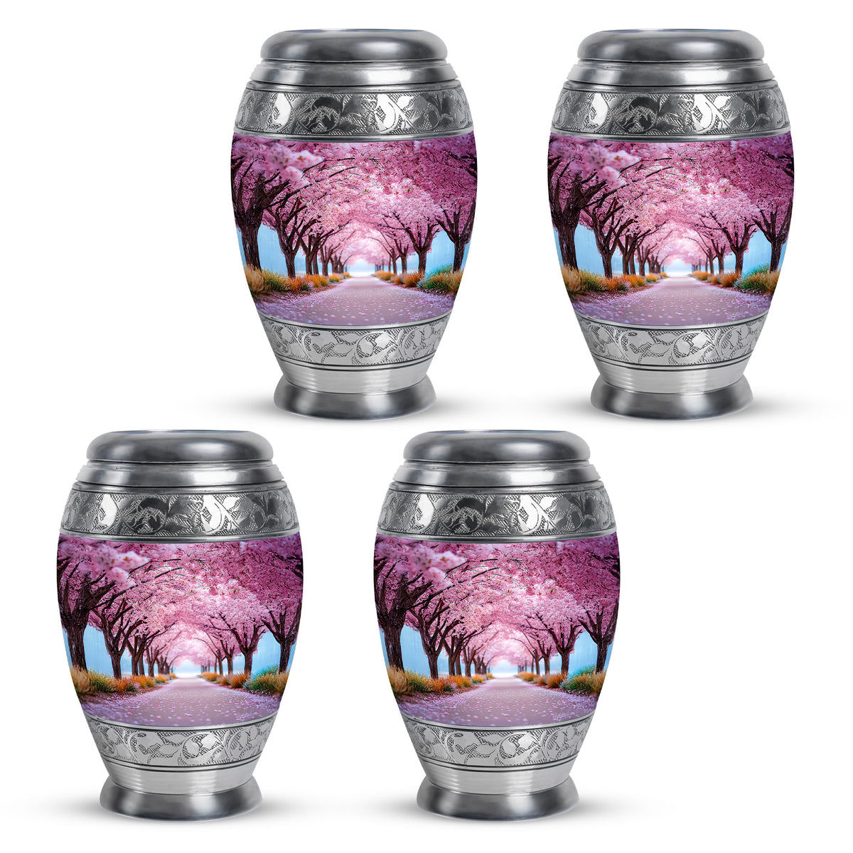 Coral Pink Cherry Blossom Cremation Urn urn with complimentary velvet bag - ornate monarch-style cherry blossom relief on brushed aluminum - 10 inch aluminum urn for cremated remains