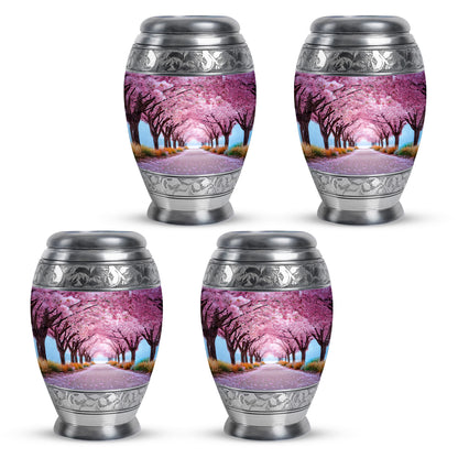 Coral Pink Cherry Blossom Cremation Urn urn with complimentary velvet bag - ornate monarch-style cherry blossom relief on brushed aluminum - 10 inch aluminum urn for cremated remains