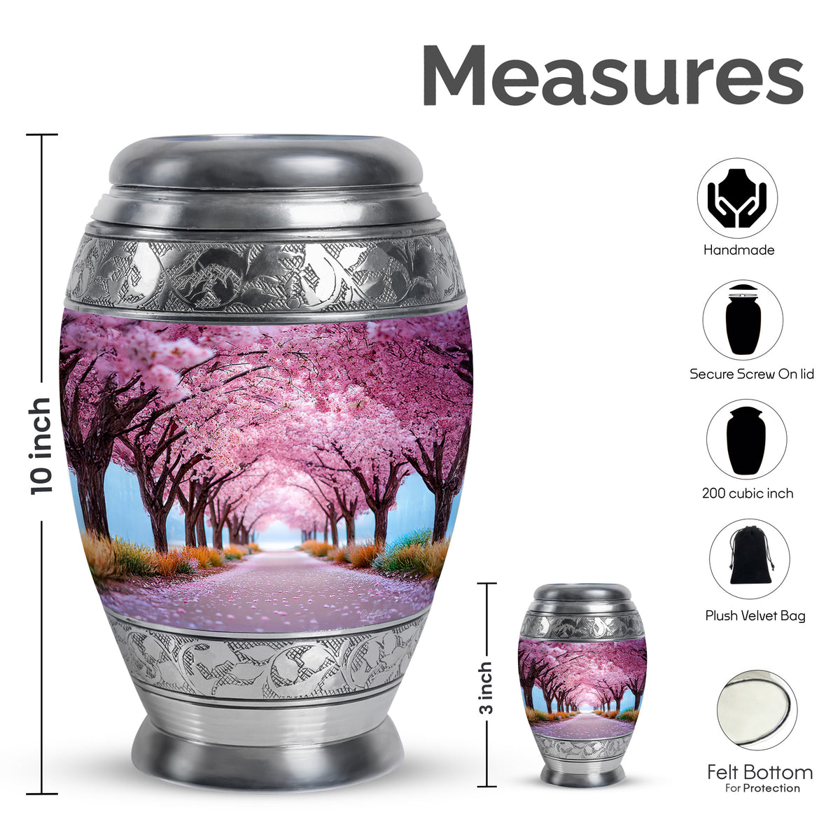 Soft Pink Cherry Blossom Cremation Urn lifestyle display on memorial shelf - royal cherry blossom engraving with decorative scrollwork - mini keepsake memorial for portion of cremation ashes