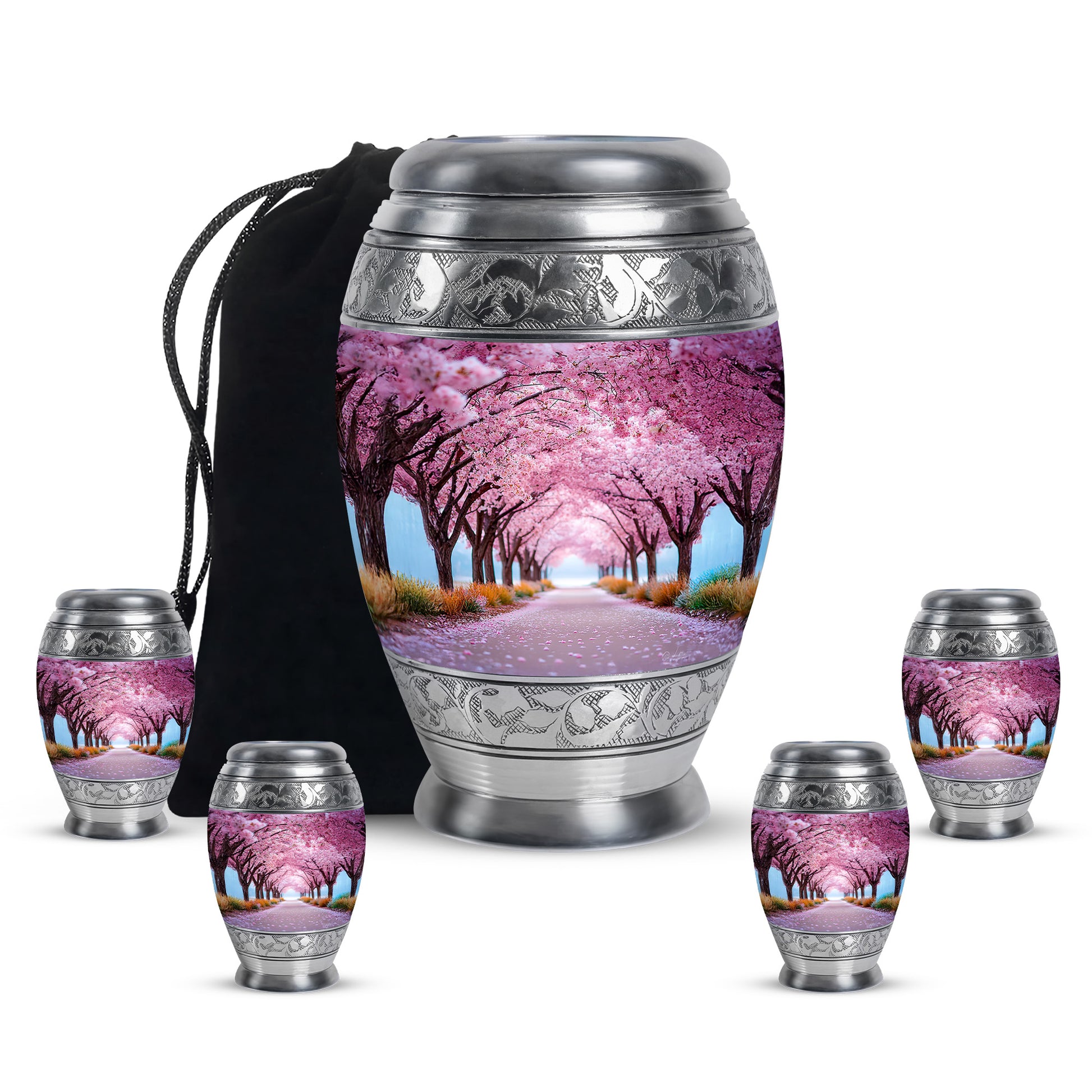 Blush Pink Cherry Blossom Cremation Urn detail view - ornate monarch-style cherry blossom relief on brushed aluminum - memorial set with one large and four small urns