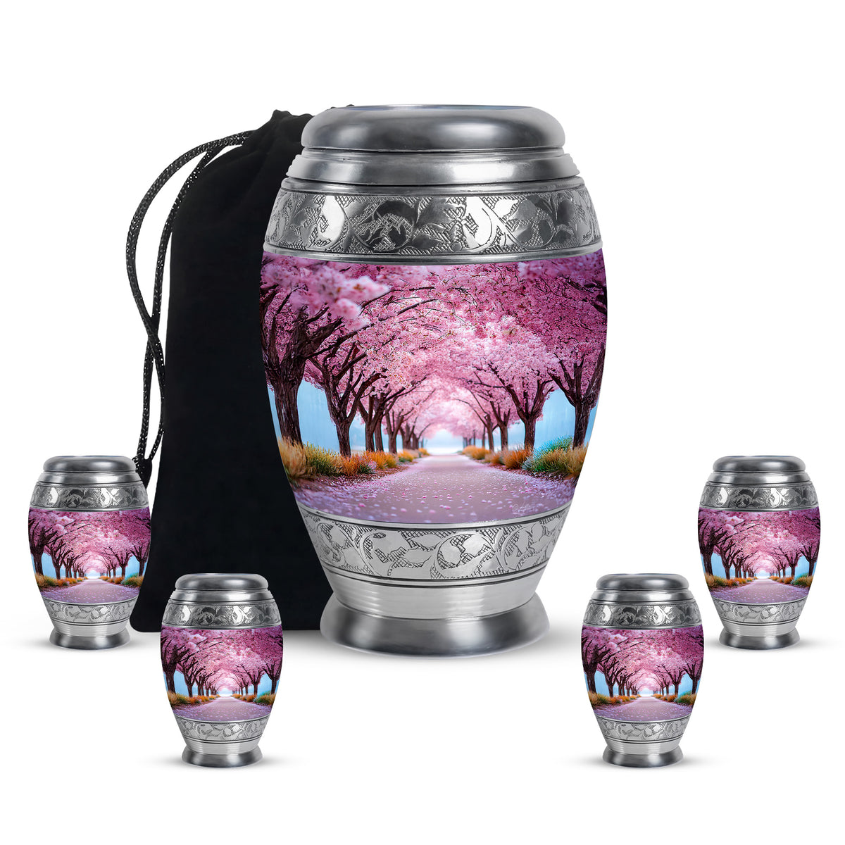 Blush Pink Cherry Blossom Cremation Urn detail view - ornate monarch-style cherry blossom relief on brushed aluminum - memorial set with one large and four small urns