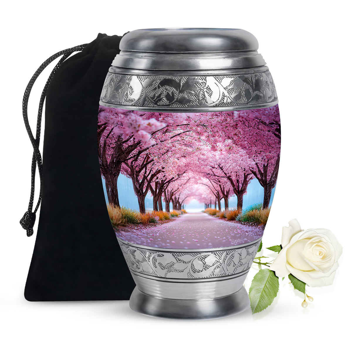 Rose Pink Cherry Blossom Cremation Urn back view with polished surface - regal cherry blossom design with crown-inspired accents - full-size 10 inch 200 cubic inch adult cremation urn
