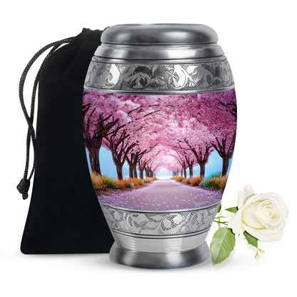 Rose Pink Cherry Blossom Cremation Urn back view with polished surface - regal cherry blossom design with crown-inspired accents - full-size 10 inch 200 cubic inch adult cremation urn