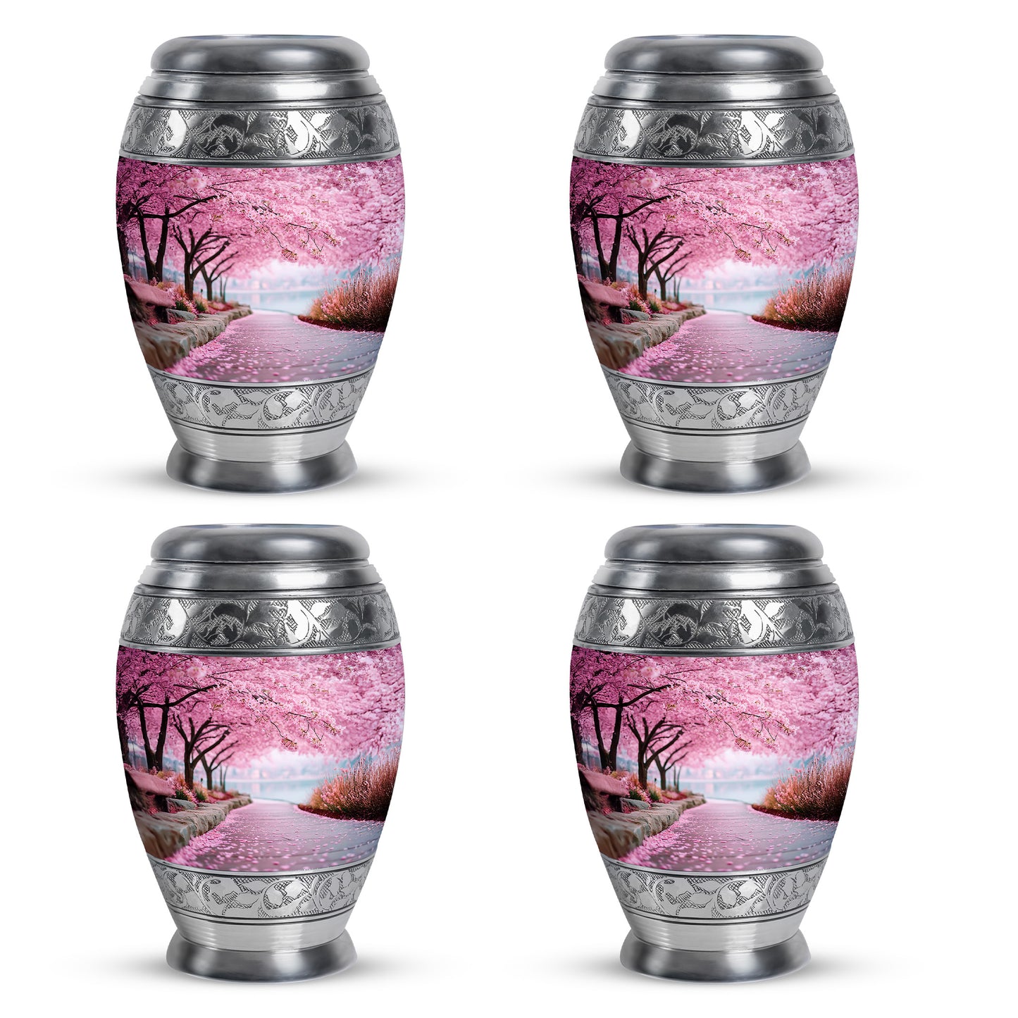 Rose Pink Cherry Blossom Cremation Urn urn with complimentary velvet bag - ornate monarch-style cherry blossom relief on brushed aluminum - 10 inch aluminum urn for cremated remains