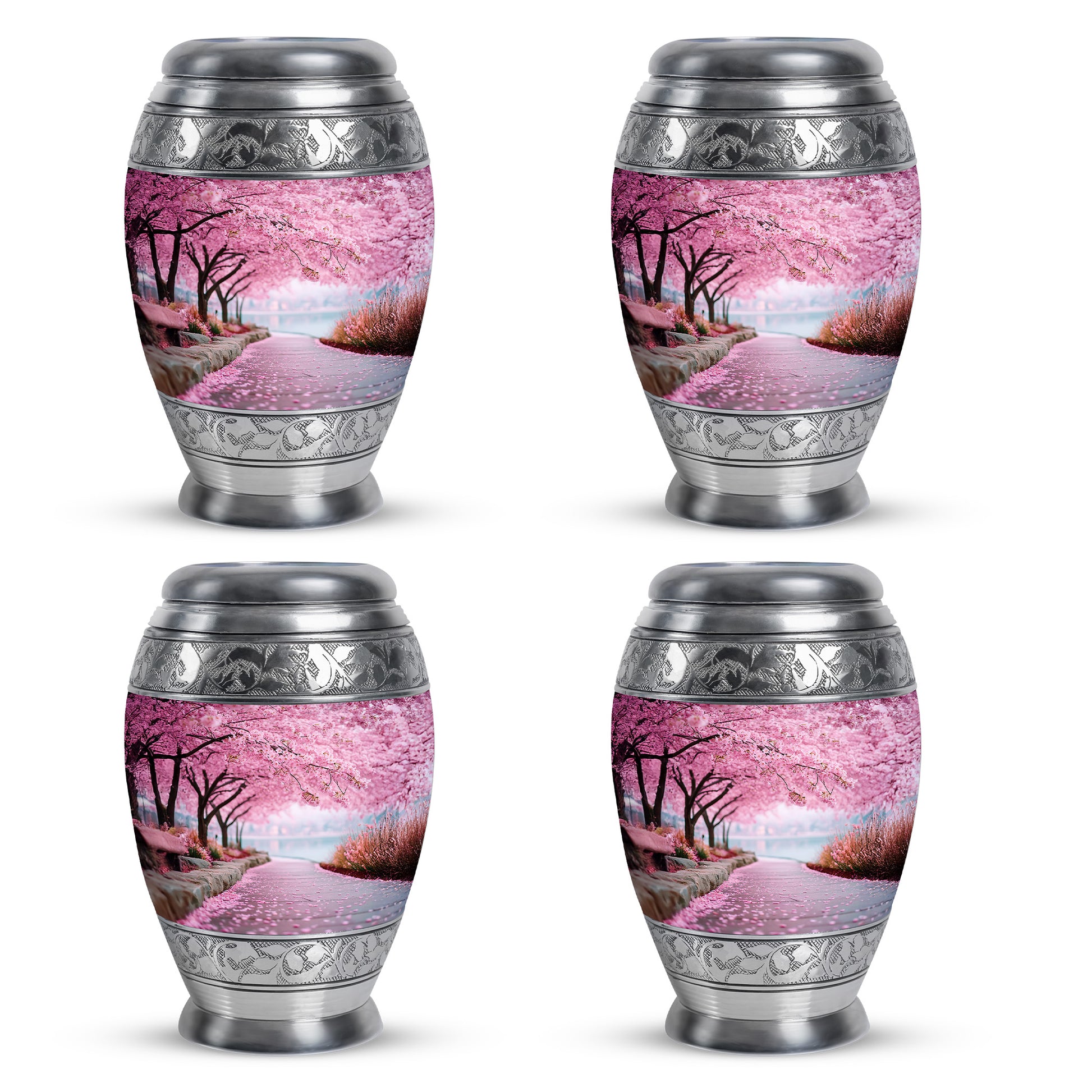 Rose Pink Cherry Blossom Cremation Urn urn with complimentary velvet bag - ornate monarch-style cherry blossom relief on brushed aluminum - 10 inch aluminum urn for cremated remains