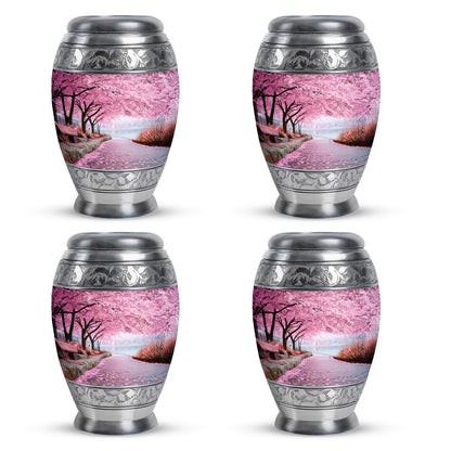 Rose Pink Cherry Blossom Cremation Urn urn with complimentary velvet bag - ornate monarch-style cherry blossom relief on brushed aluminum - 10 inch aluminum urn for cremated remains
