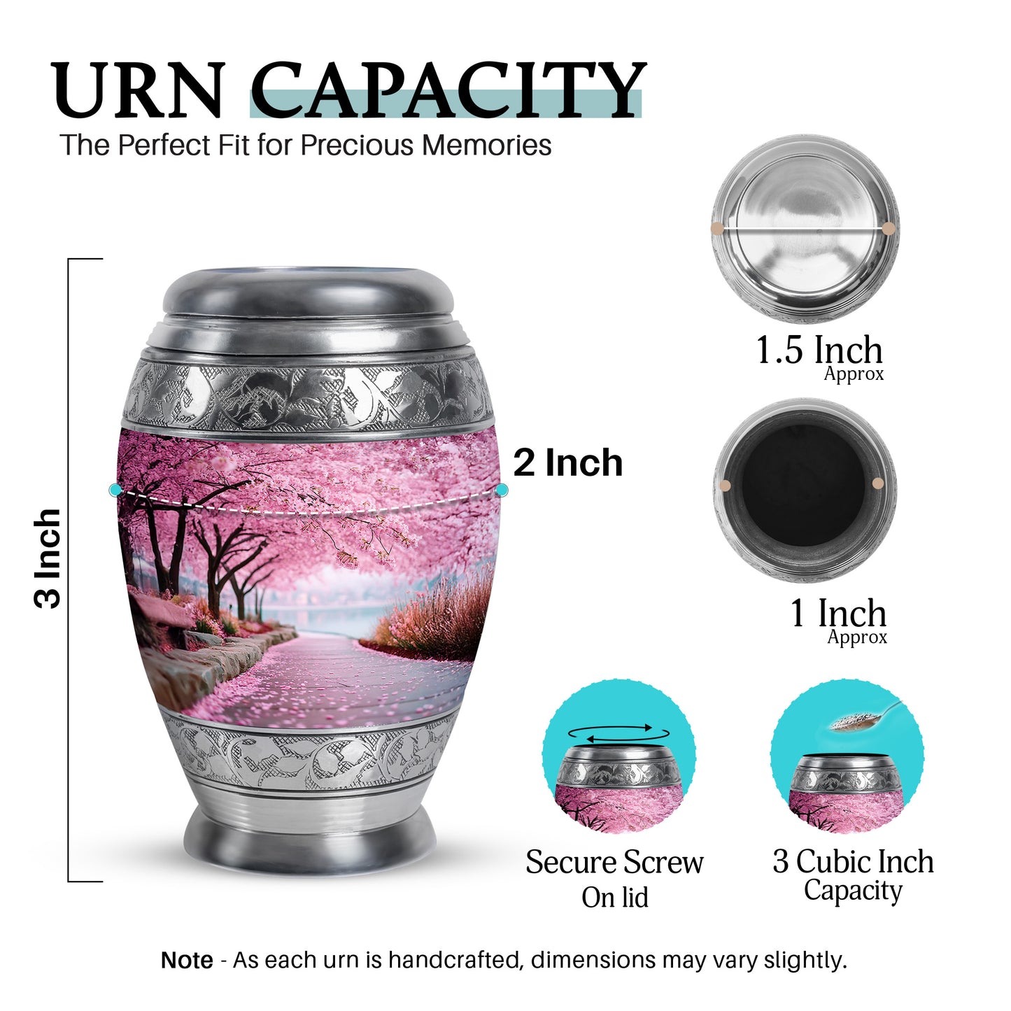 Pastel Pink Cherry Blossom Cremation Urn lifestyle display on memorial shelf - regal cherry blossom design with crown-inspired accents - mini keepsake memorial for portion of cremation ashes