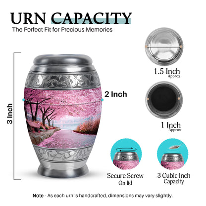Pastel Pink Cherry Blossom Cremation Urn lifestyle display on memorial shelf - regal cherry blossom design with crown-inspired accents - mini keepsake memorial for portion of cremation ashes