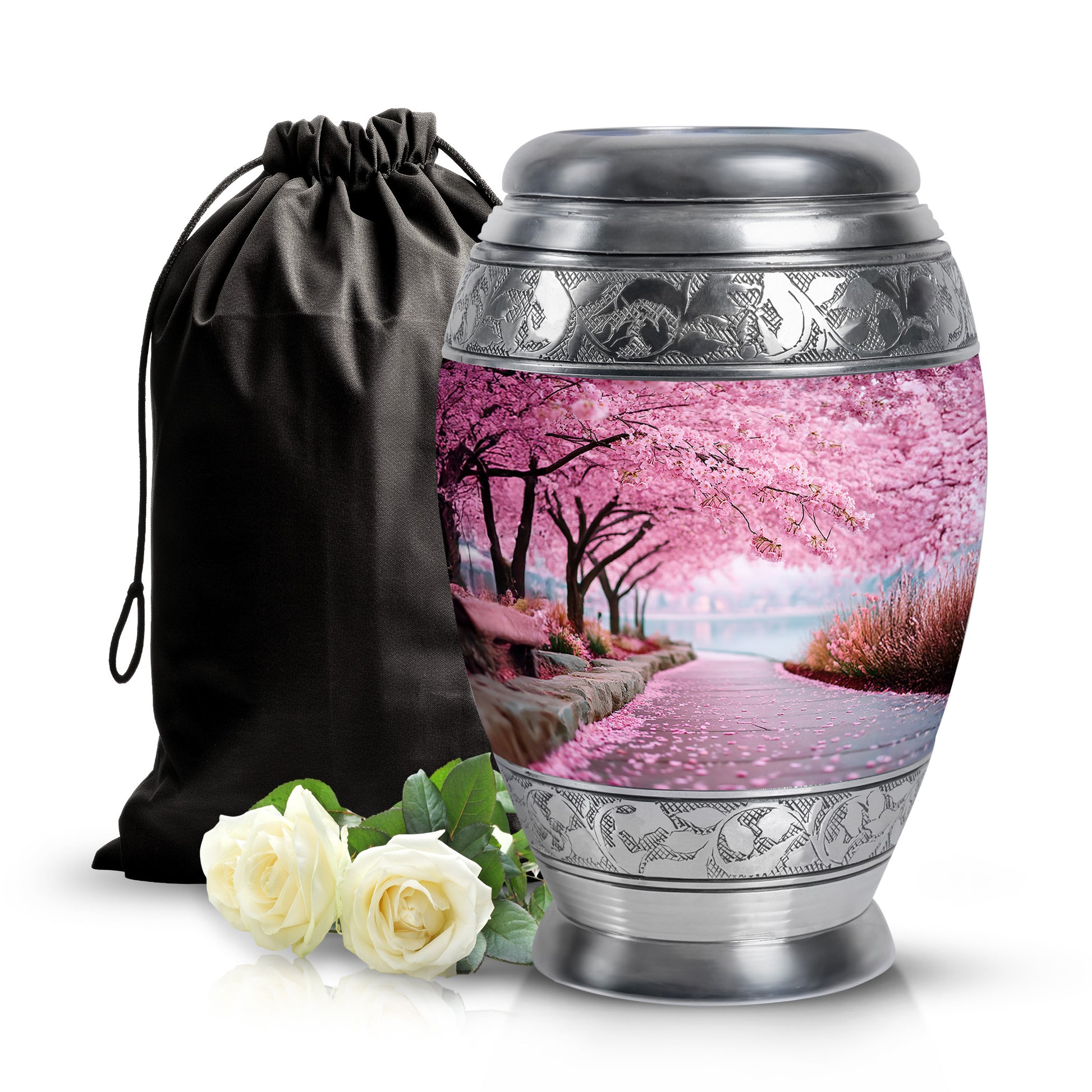 Pastel Pink Cherry Blossom Cremation Urn back view with polished surface - ornate monarch-style cherry blossom relief on brushed aluminum - full-size 10 inch 200 cubic inch adult cremation urn