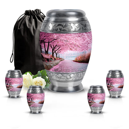 Dusty Pink Cherry Blossom Cremation Urn detail view - majestic cherry blossom pattern with filigree border - memorial set with one large and four small urns