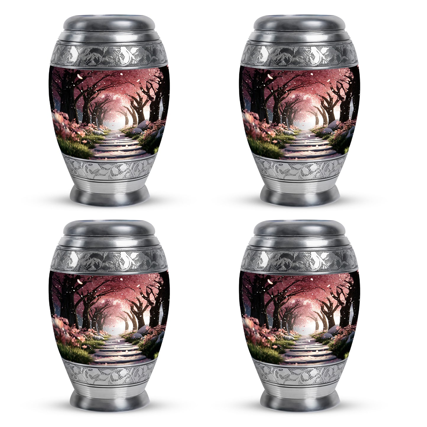 Fiery Red Cherry Blossom Cremation Urn urn with complimentary velvet bag - royal cherry blossom engraving with decorative scrollwork - 10 inch aluminum urn for cremated remains
