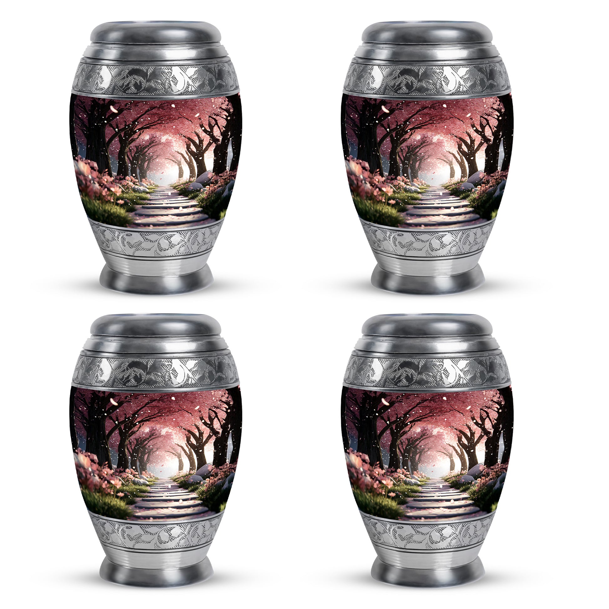 Fiery Red Cherry Blossom Cremation Urn urn with complimentary velvet bag - royal cherry blossom engraving with decorative scrollwork - 10 inch aluminum urn for cremated remains
