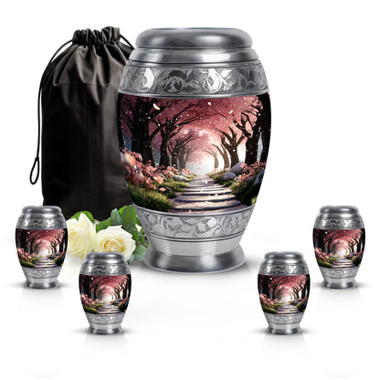 Ruby Red Cherry Blossom Cremation Urn detail view - royal cherry blossom engraving with decorative scrollwork - memorial set with one large and four small urns