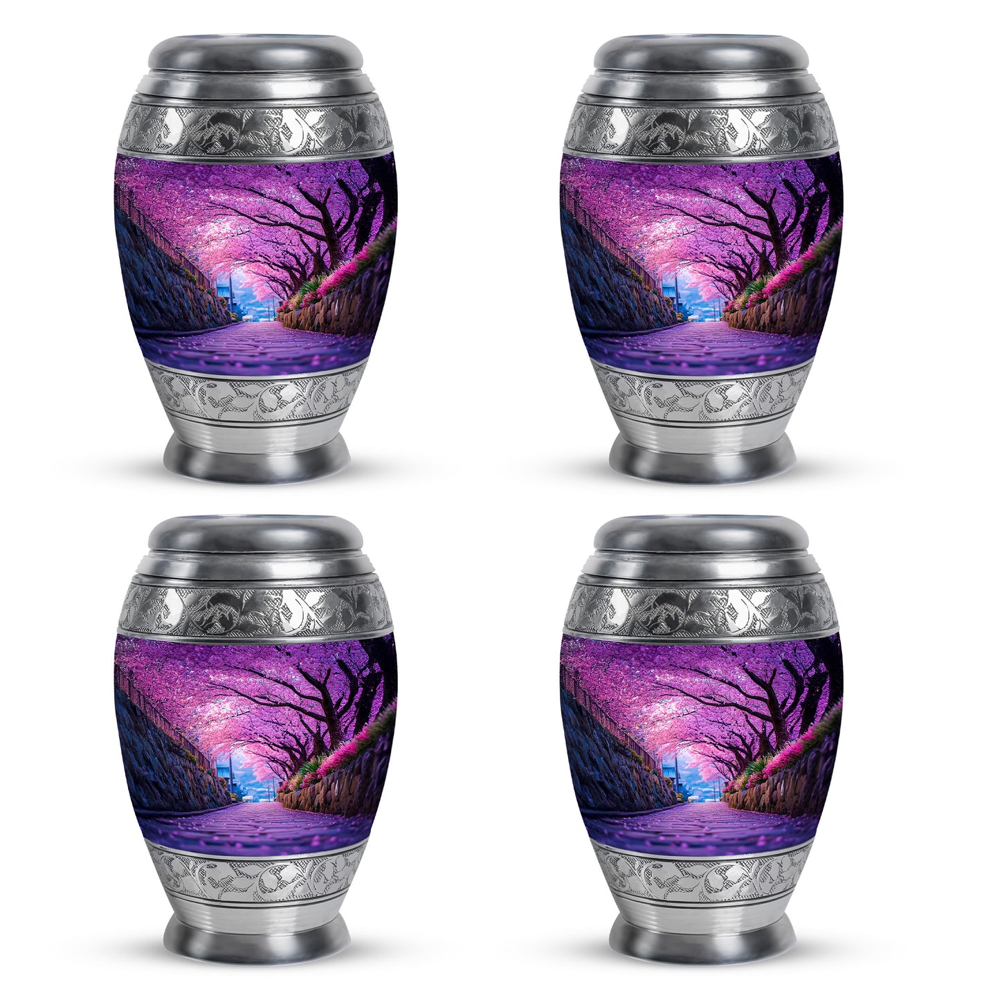 Twilight Purple Cherry Blossom Cremation Urn urn with complimentary velvet bag - royal cherry blossom engraving with decorative scrollwork - 10 inch aluminum urn for cremated remains
