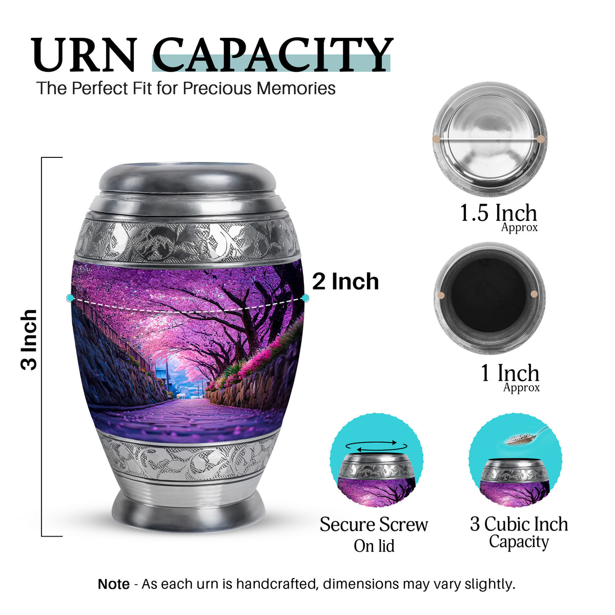 Grape Purple Cherry Blossom Cremation Urn lifestyle display on memorial shelf - majestic cherry blossom pattern with filigree border - mini keepsake memorial for portion of cremation ashes