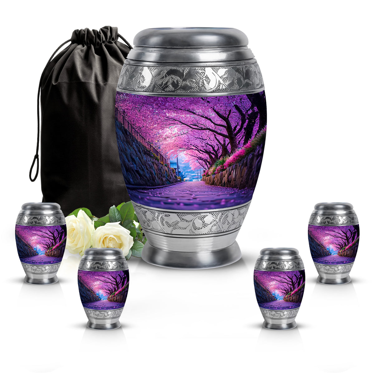 Violet Purple Cherry Blossom Cremation Urn detail view - majestic cherry blossom pattern with filigree border - memorial set with one large and four small urns