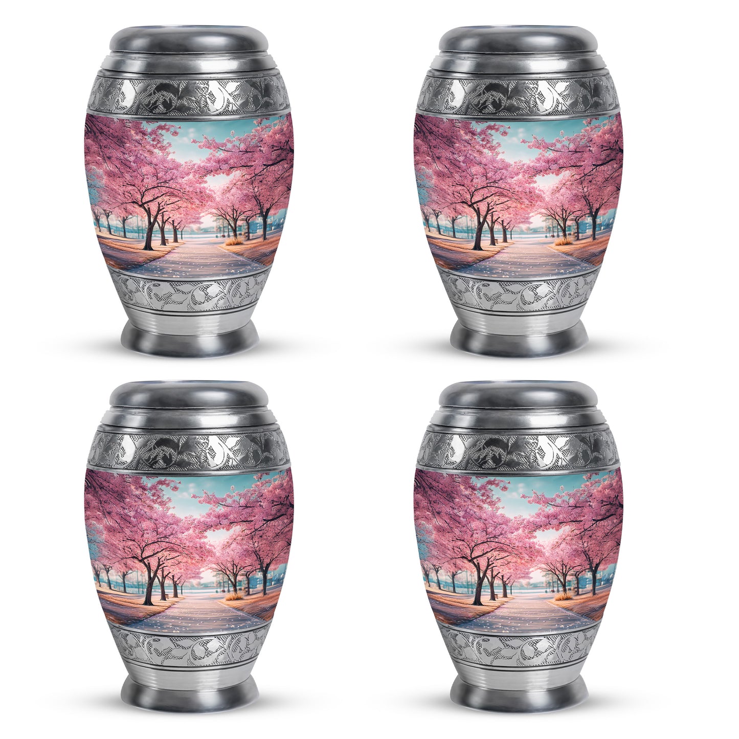 Sea Green Teal Cherry Blossom Cremation Urn urn with complimentary velvet bag - ornate monarch-style cherry blossom relief on brushed aluminum - 10 inch aluminum urn for cremated remains