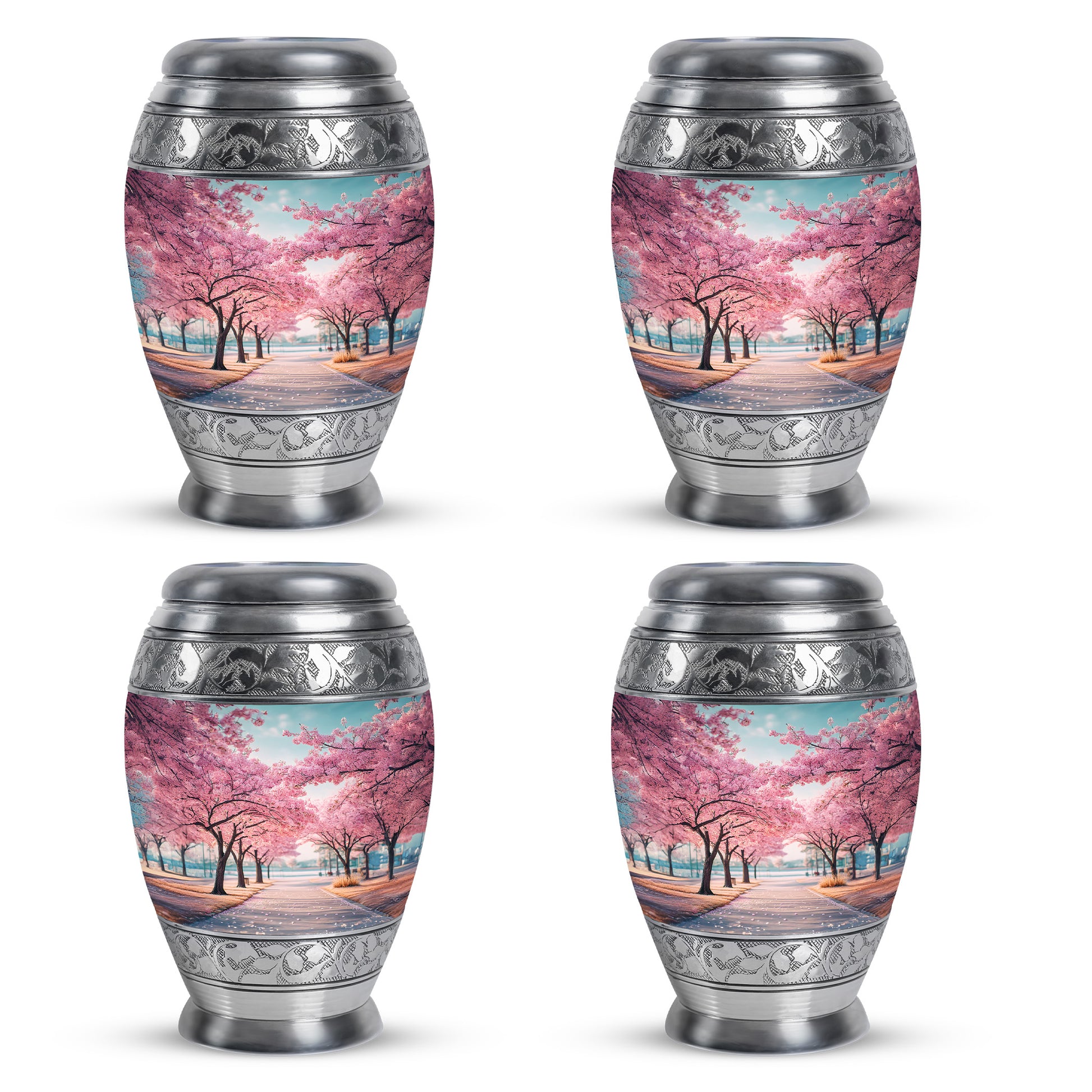 Sea Green Teal Cherry Blossom Cremation Urn urn with complimentary velvet bag - ornate monarch-style cherry blossom relief on brushed aluminum - 10 inch aluminum urn for cremated remains