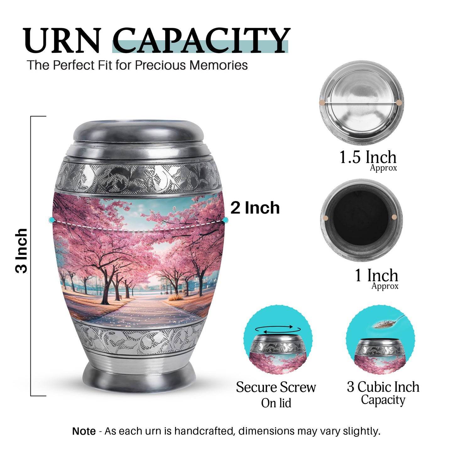 Aqua Teal Cherry Blossom Cremation Urn lifestyle display on memorial shelf - royal cherry blossom engraving with decorative scrollwork - mini keepsake memorial for portion of cremation ashes