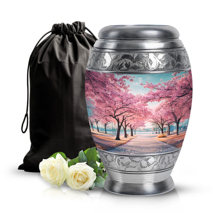 Deep Teal Cherry Blossom Cremation Urn back view with polished surface - majestic cherry blossom pattern with filigree border - full-size 10 inch 200 cubic inch adult cremation urn