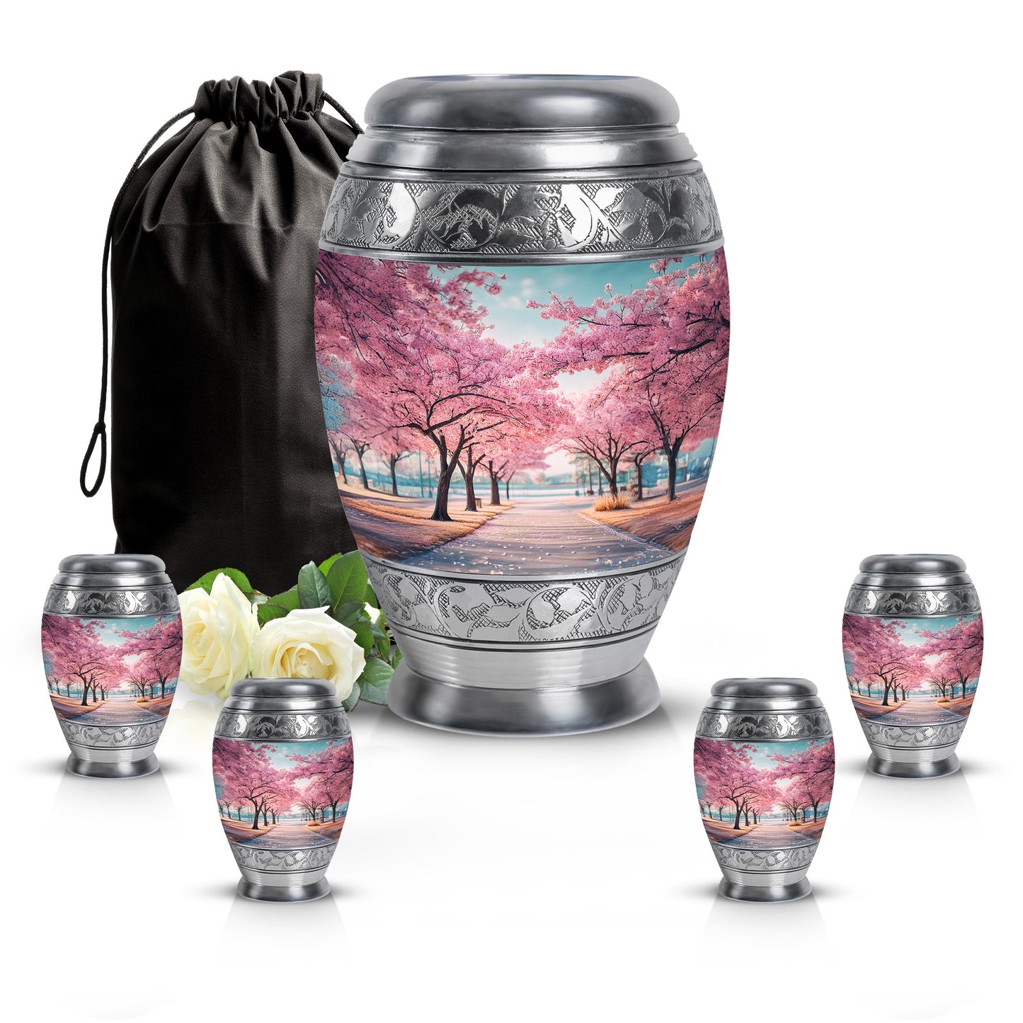Vivid Teal Cherry Blossom Cremation Urn detail view - royal cherry blossom engraving with decorative scrollwork - memorial set with one large and four small urns