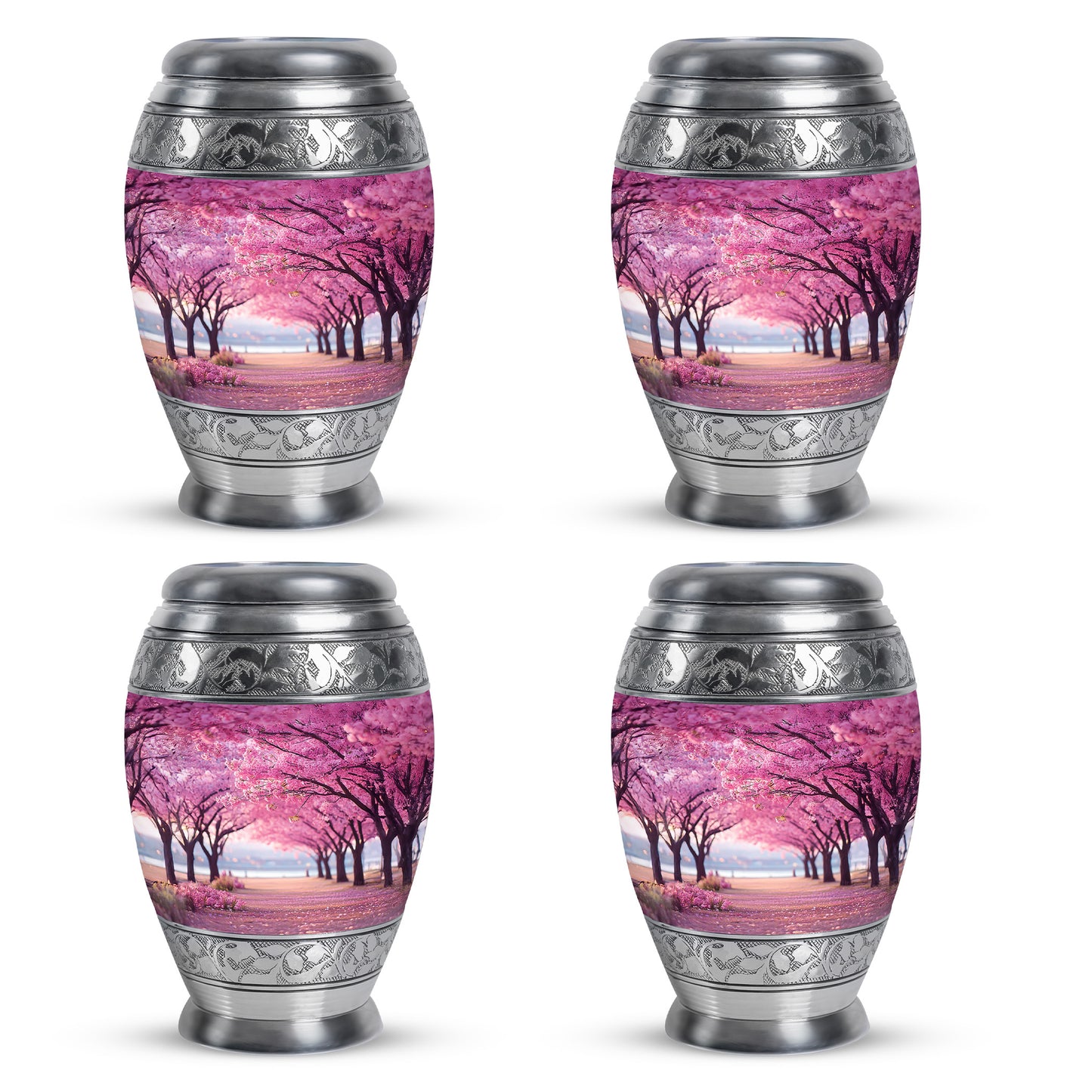 Coral Pink Cherry Blossom Cremation Urn urn with complimentary velvet bag - regal cherry blossom design with crown-inspired accents - 10 inch aluminum urn for cremated remains