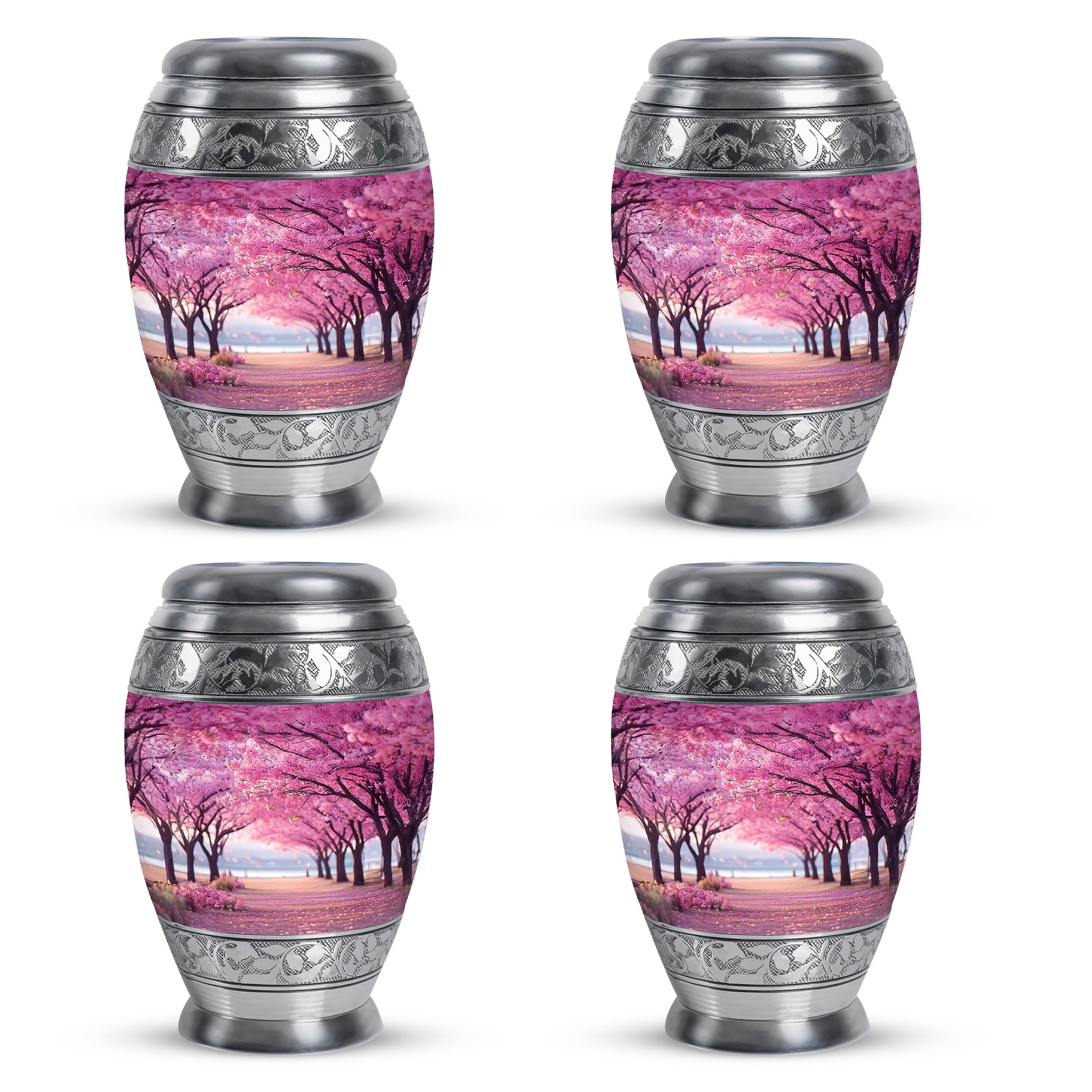 Coral Pink Cherry Blossom Cremation Urn urn with complimentary velvet bag - regal cherry blossom design with crown-inspired accents - 10 inch aluminum urn for cremated remains
