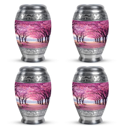 Coral Pink Cherry Blossom Cremation Urn urn with complimentary velvet bag - regal cherry blossom design with crown-inspired accents - 10 inch aluminum urn for cremated remains