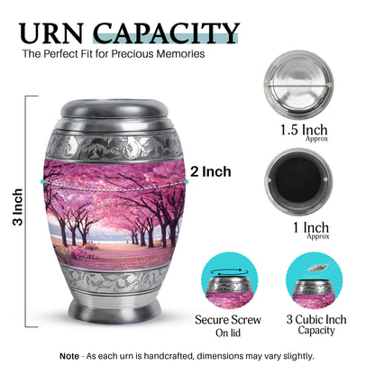 Petal Pink Cherry Blossom Cremation Urn lifestyle display on memorial shelf - royal cherry blossom engraving with decorative scrollwork - mini keepsake memorial for portion of cremation ashes